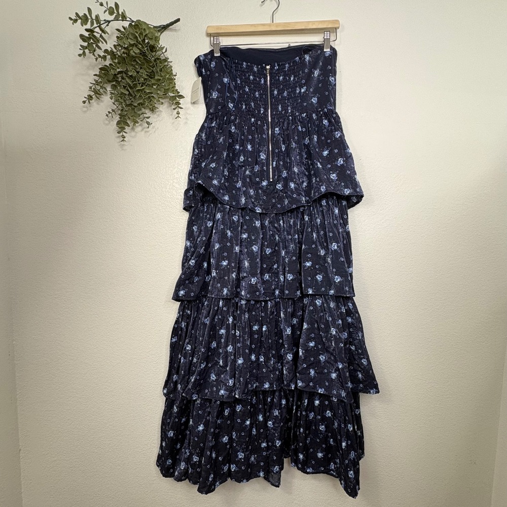 Altar'd State Navy Blue Floral Strapless Tiered Maxi Dress - Picture 9 of 11